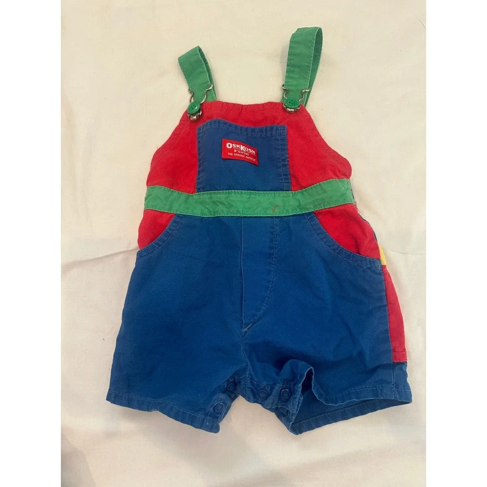 Vintage OshKosh Bgosh Colorblock Shortalls 18M Blue Red Green USA Made